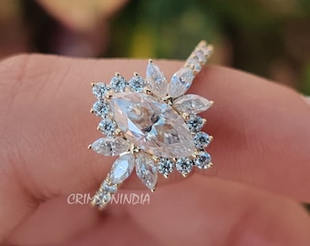 Starburst Ring, 1 Ct Marquise Cut Halo Moissanite Engagement Ring, Cluster Ring, Vintage 14K Solid Gold Ring, Unique Ring, Anniversary Gift