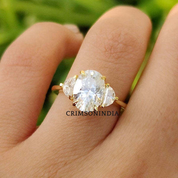 Amazing 2.3 Ct Oval Cut Moissanite Ring Oval Three Stone Ring 14k Solid Yellow Gold Half Moon Cut Sides Cathedral Band Wedding Proposal Gift