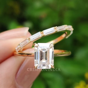 1.75 CT Emerald Cut Moissanite Engagement Ring Set, Bridal Ring Set, Wedding Ring Set, Vintage Ring Set, Handmade 14K Solid Gold Ring Set