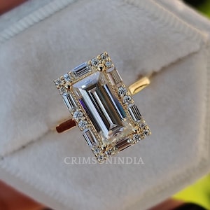 1.5 CT Baguette Cut Moissanite Engagement Ring, 925 Sterling Silver Ring, Halo Setting Ring, Bridal Ring Wedding Ring, Art Deco Ring For Her