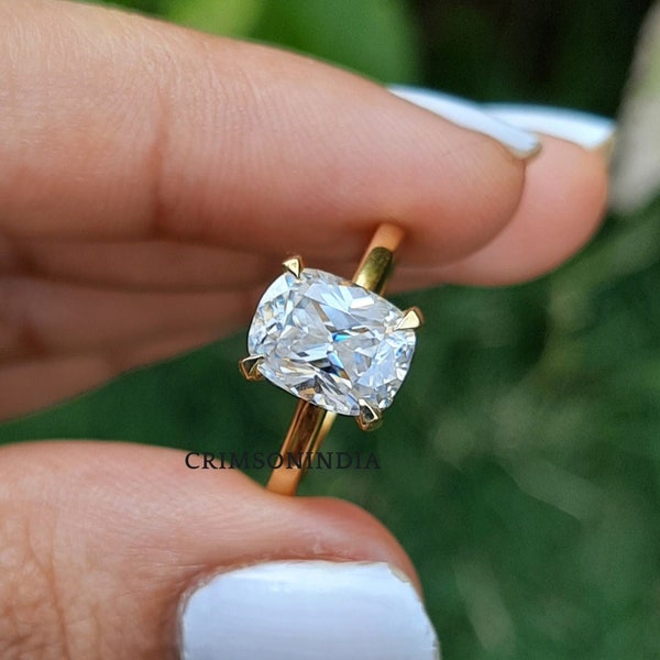 2 CT Elongated Cushion Cut Moissanite Engagement Ring Solitaire Ring 14K Solid Yellow Ring Hidden Halo Ring Promise Ring Anniversary Gift