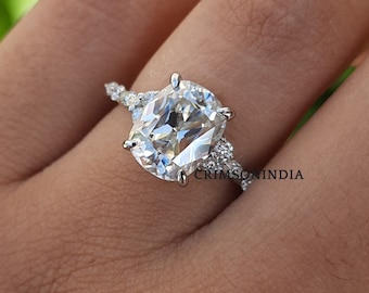 3 CT Cushion Cut Moissanite Engagement Ring, 14K Solid Gold Ring, Cluster Ring, Pave Setting Ring, Proposal Ring, Anniversary Gift For Her