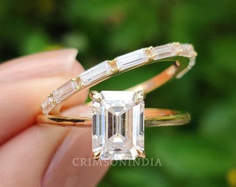 1.75 CT Emerald Cut Moissanite Engagement Ring Set, Bridal Ring Set, Wedding Ring Set, Vintage Ring Set, Handmade 14K Solid Gold Ring Set