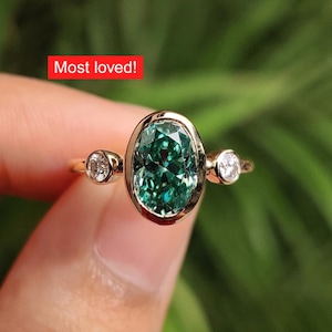 Trilogy Ring, 2 CT Oval Cut Fancy Green Moissanite Engagement Ring, 14K Solid Gold Bezel Ring, Three Stone Ring, Proposal Ring, Gift For Her