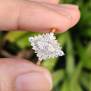 Starburst Ring, 1 CT Marquise Cut Moissanite Engagement Ring, 14K Solid Gold Ring, Double Halo Ring, Heidi Gibson Ring, Wedding Ring For Her