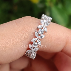 Marquise Wedding Band, Marquise And Round Cut Moissanite Wedding Band, 14K White Gold Ring, Full Eternity Band, Anniversary Gifts For Her
