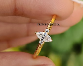0.25 CT Marquise Lab Grown Diamond Engagement Ring, 14K Solid Yellow Gold Ring, Three Stone Ring, Stackable Ring, Anniversary Gift For Her
