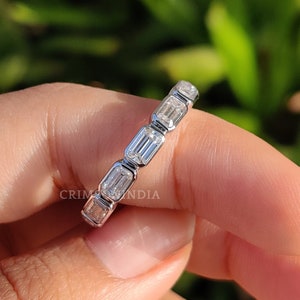 Emerald Cut East West Moissanite Eternity Ring, Bezel Set Band, Half Eternity Wedding Band, 14K White Gold Band, Cubic Zirconia Ring