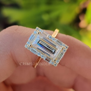 1.5 CT バゲットカット モアッサナイト エンゲージリング、14K ソリッド イエロー ゴールド リング、ハローセッティング リング、結婚指輪、ブライダル リング セット、プロミスリング