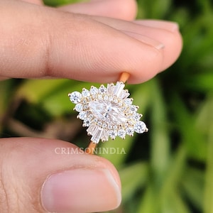 Starburst Halo Ring, Marquise Cut Moissanite Engagement Ring, 14K Yellow Gold Ring, Vintage Halo Ring, Promise Ring, Cubic Zirconia Ring