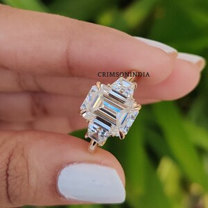 3,7 CT Moissanit Verlobungsring, Smaragd Schnitt, 14K Gelbgold Ring, Drei Stein Ring, Trilogie Ring, Ehering, Jubiläum Geschenk