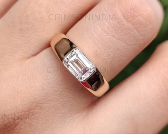 1.25 CT Emerald Cut Lab Diamond Ring, 14K Solid Gold Ring, Solitaire Ring, Bezel Setting Ring, Chunky Ring, Proposal Ring, Anniversary Gift