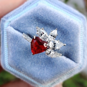 1.70 CT Red Garnet Heart Cut Moissanite Engagement Ring, 14K Solid Gold Ring, Pave Setting Ring, Starburst Ring, Anniversary Gift For Her
