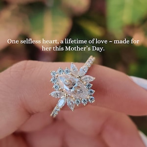 Anillo Starburst, anillo de compromiso de moissanita de corte marquesa de 1 quilates, anillo Art Déco de oro macizo de 14 quilates, anillo con engaste pavé, anillo de bodas, regalo para ella