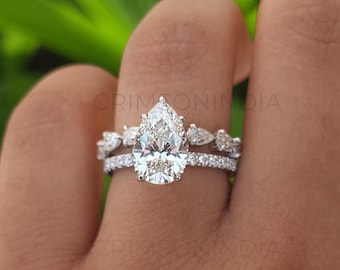 Conjunto de anillo de compromiso de moissanita talla pera de 3 quilates, conjunto de anillo de oro blanco de 14 quilates, conjunto de anillo de novia/boda, conjunto de anillo de media eternidad, regalo de aniversario