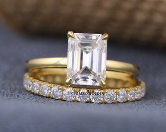 1.75 CT Emerald Cut Moissanite Engagement Ring Set, 14K Solid Yellow Gold Ring Set, Anniversary Gifts, Bridal Ring Set, Wedding Ring Set