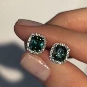 1 CT Green Cushion Cut Moissanite Engagement Earrings, 14K Solid White Gold Earrings, Halo Set Earrings, Minimalist Earrings, Gift For Her