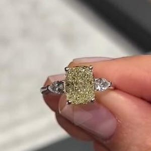2 CT Yellow Cushion Cut lab Grown Diamond Engagement Ring, 14K Solid White Gold Ring, Three Stone Ring, Proposal Ring, Gift For Her