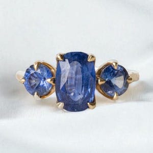 2.5 CT Blue Sapphire Cushion Cut Diamond Ring, Three Stone Ring, Trilogy Ring, Wedding Ring, Anniversary Gift, June Birthstones Ring For Her