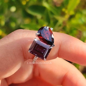 Toi Et Moi Ring, Red Garnet Emerald And Pear Cut Ring, Two Stone Ring, Deep Red Color Diamond, Silver Or White Gold Band, Anniversary Gift