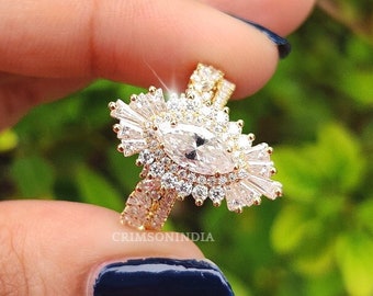 Starburst Ring Set, Marquise Cut Moissanite Engagement Ring, Marquise Halo Ring, Bridal Ring Set, 14K Yellow Gold Ring Set, Anniversary Gift
