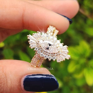 Starburst Ring Set, Marquise Cut Moissanite Engagement Ring, Marquise Halo Ring, Bridal Ring Set, 14K Yellow Gold Ring Set, Anniversary Gift