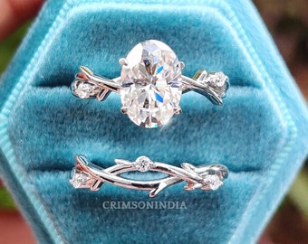 2.25 CT Oval Cut Moissanite Engagement Ring Set, 14K Solid White Gold Ring Set, Bridal Ring Set, Wedding Ring Set, Twisted Band Ring Set