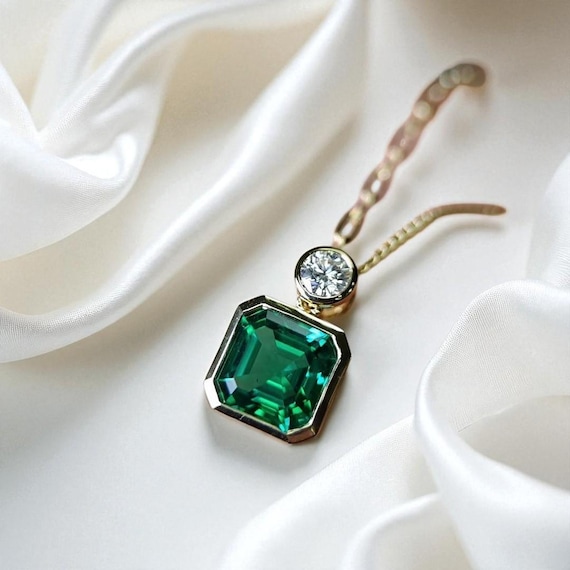 CT Asscher Cut Diamond Necklace, Green Emerald Necklace, Two