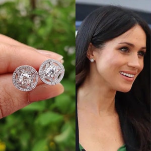 Meghan Markle Earrings, 0.98 TCW Moissanite Earrings, 14K Solid Gold Earrings, Halo Earrings, Stud Earrings, Anniversary Gift For Women