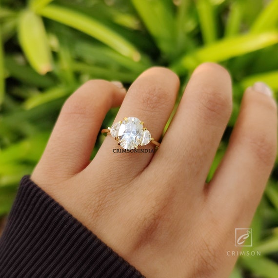 2.3 Ct Oval Cut Moissanite Engagement Ring Three Stone Ring 14K Solid Yellow Gold Ring Half Moon Ring Cathedral Set Ring Wedding Ring Etsy