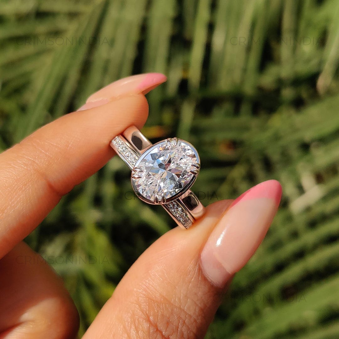 3 CT Oval Cut Moissanite Engagement Ring Set, 14K Gold Bezel With Prong ...
