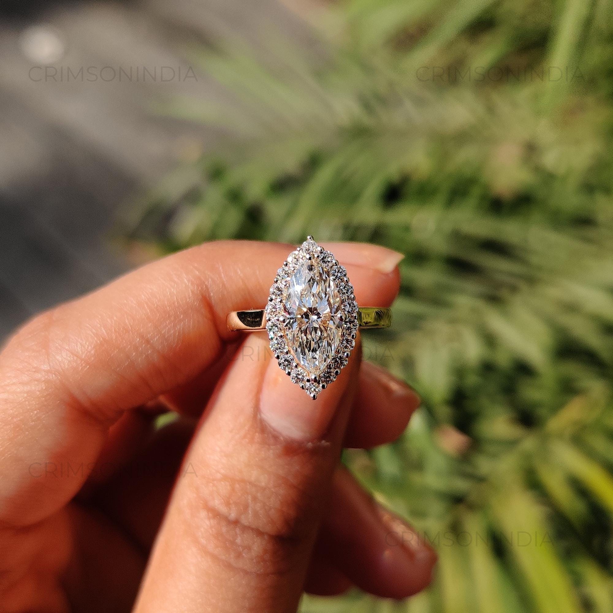 1.5 CT Marquise Cut Lab Grown Diamond Ring Halo Engagement Ring, 14K Solid Yellow Gold Ring, Art Deco Ring, Bridal Ring, Anniverasary Gift