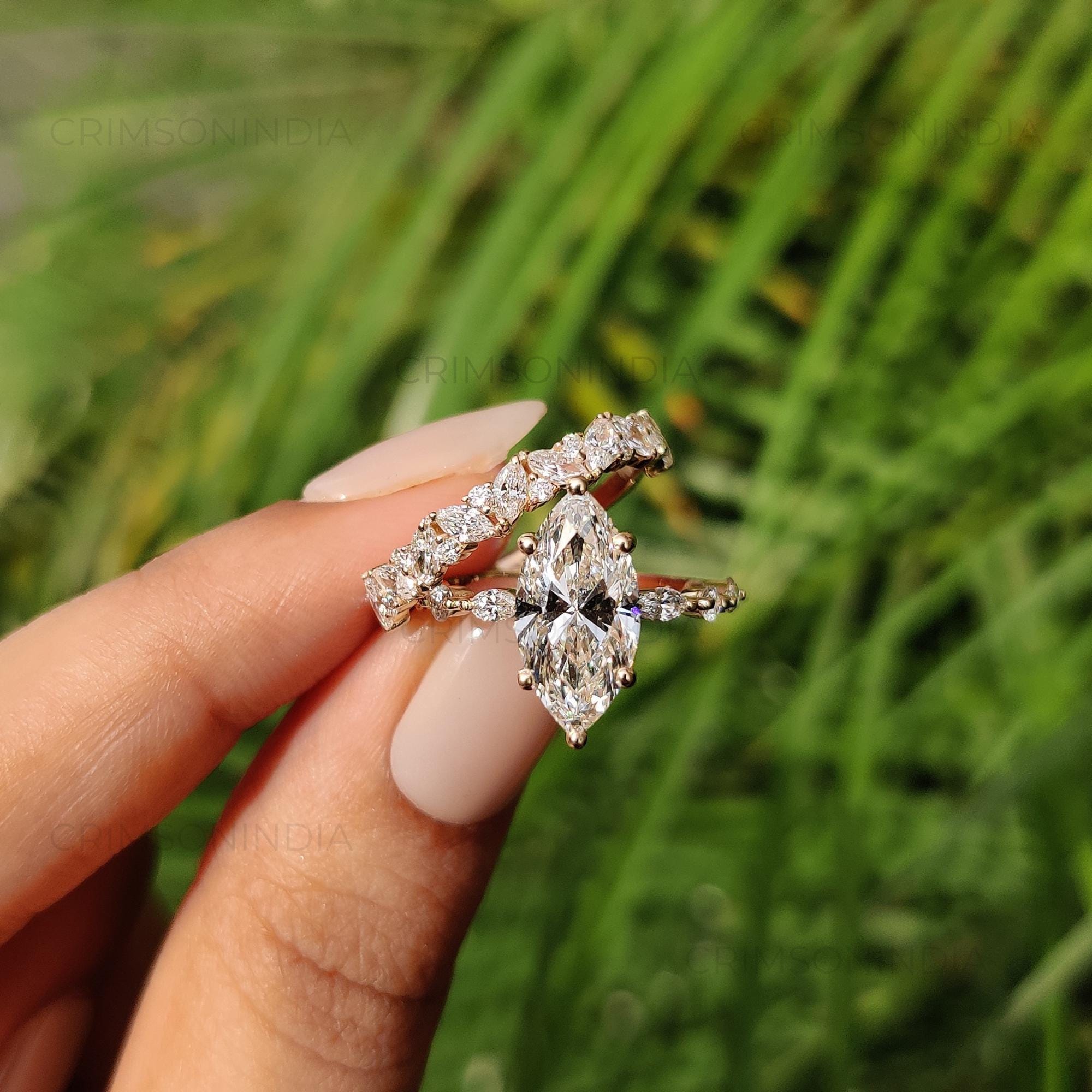 2.5 CT Marquise Cut Moissanite Engagement Ring Set, 14K Solid Gold Ring Set, Stackable Ring Set, Bridal Ring Set, Wedding Ring Set For Her