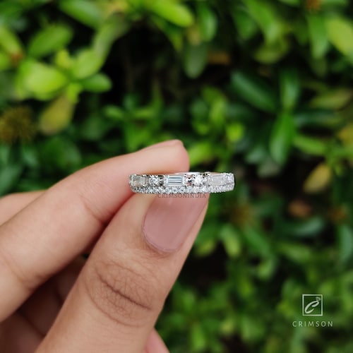 Baguette Moissanite Wedding Band, Half Eternity Band, Two Row Pave