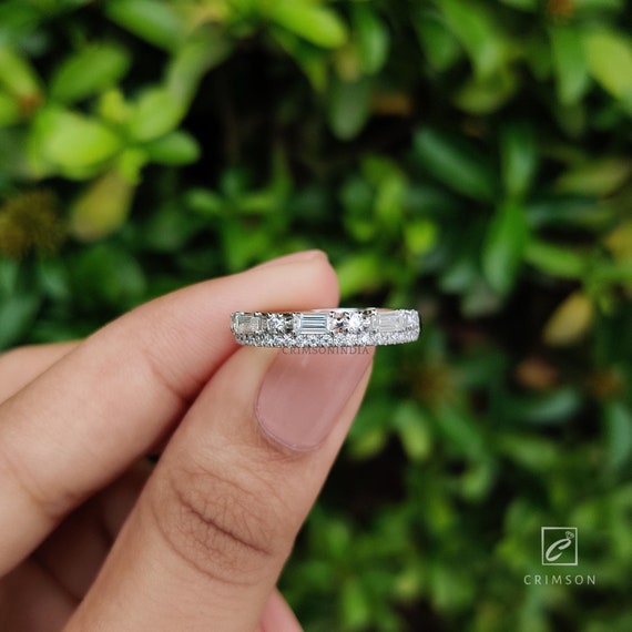 Baguette Moissanite Wedding Band, Half Eternity Band, Two Row Pave