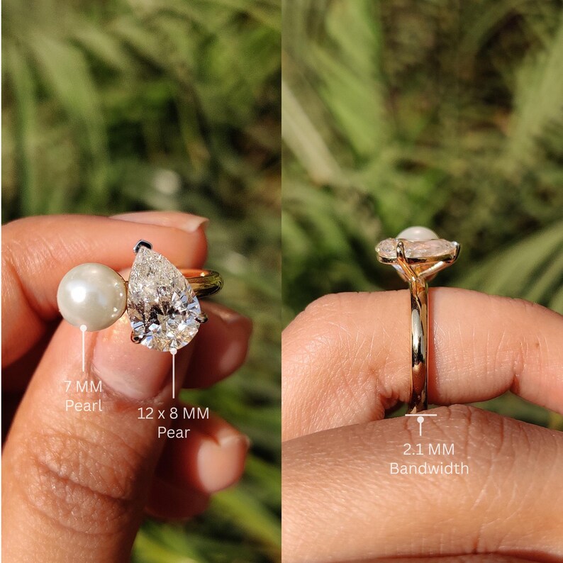 Bague Toi et Moi, bague de fiançailles en or massif 14 carats avec moissanite taille poire de 3 carats, bague en perle, bague à trois griffes, bague imposante, bague de demande en mariage image 6