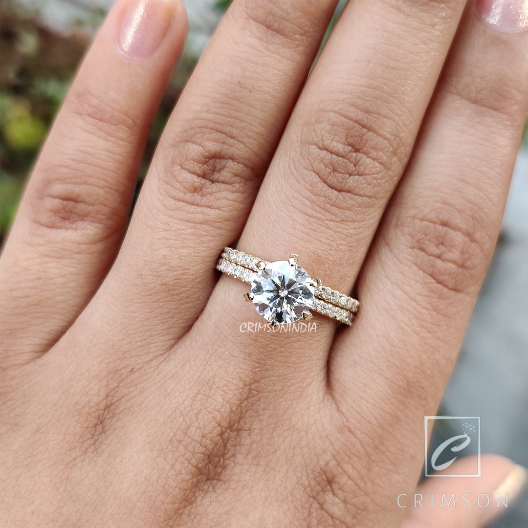 Round Cut Moissanite Engagement Ring Set, 14K Solid Gold Ring Set ...
