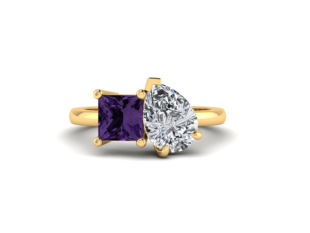 Toi Et Moi Ring, Princess and Pear Cut Moissanite Wedding Ring, 14K