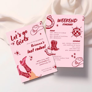 Lets Go Girls Bachelorette Party Itinerary Template, Nashville Bachelorette Invitation, Disco Cowgirl, Last Rodeo Bachelorette, Nash Bash