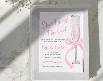 She's Tying the Knot Bridal Shower Invitation Template, Pink Bow Bridal Shower, Champagne Wedding Shower Invite, Pink Ribbon Wedding Shower