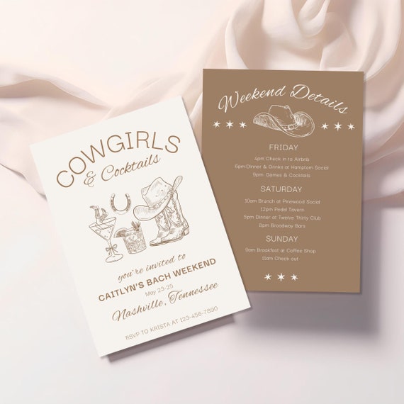 Cowgirls & Cocktails Bachelorette Invitation, Cowgirl Bach Itinerary, Nashville Bach, Last Rodeo Bachelorette Invite, Western Canva Template