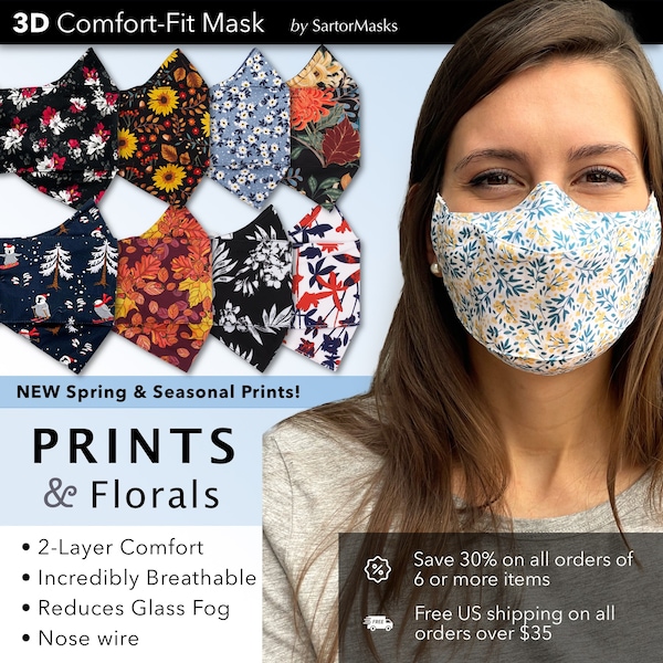 Floral and Print Masks | Easy Breathe 3D Face Mask | No Fog Design | Ships in 1 Day from New York City