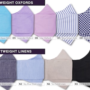 May include: A selection of fabric face masks in various colors and patterns. The top row features mid-weight oxford fabrics in bright aqua, lavender, lilac, blue stripe, and navy check. The bottom row features lightweight linen fabrics in indigo slub, sky blue slub, tan solid, and black solid.