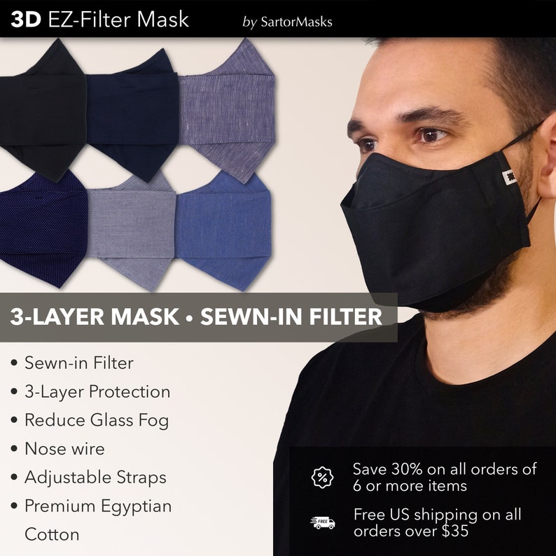 Sewn-in Filter 3D Face Mask No Fog Design Premium Egyptian Cotton Non-woven Filter Ships in 1 Day from New York City image 1