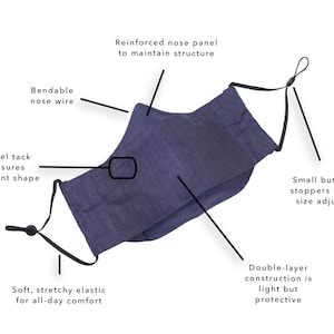 May include: A blue face mask with adjustable straps and a bendable nose wire. The mask is made of a double-layer construction and has a panel tack to ensure an elegant shape. It features a reinforced nose panel to maintain structure and small but sturdy stoppers for easy size adjustment.