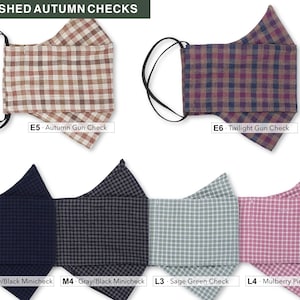 May include: A set of 10 face masks with different plaid patterns. The masks are made of brushed cotton and have a comfortable fit. The patterns include autumn gun check, twilight gun check, navy/black minicheck, gray/black minicheck, sage green check, and mulberry pink check.