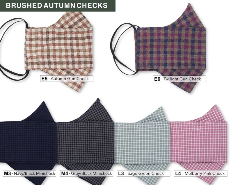 May include: A set of 10 face masks with different plaid patterns. The masks are made of brushed cotton and have a comfortable fit. The patterns include autumn gun check, twilight gun check, navy/black minicheck, gray/black minicheck, sage green check, and mulberry pink check.