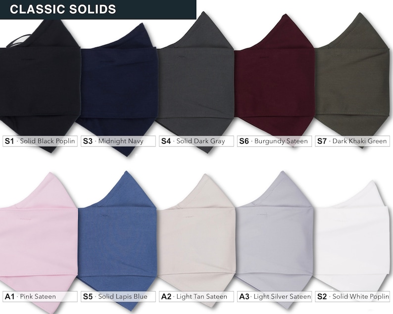 May include: A collection of 10 fabric swatches in various colors, including black, navy, gray, burgundy, green, pink, blue, tan, silver, and white. The swatches are labeled with their corresponding colors and fabric types, such as "Solid Black Poplin", "Midnight Navy", and "Burgundy Sateen".