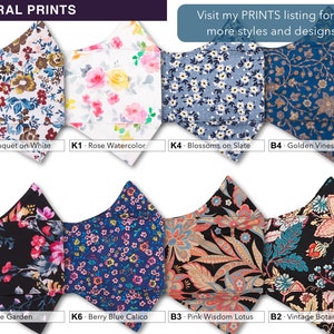 May include: Eight different floral print face masks. The masks are all in a variety of colors and patterns, including blue, pink, red, white, and black. The masks are all made of fabric and have a pleated design. The masks are all labeled with a code and a description of the pattern. The text on the image reads "Floral Prints" and "Visit my PRINTS listing for 2x more styles and designs!"