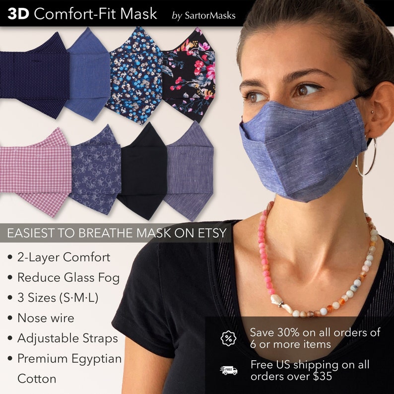Easy Breathe 3D Face Mask | No Fog Design | Premium Egyptian Cotton | USA Made | Ships in 1 Day from New York City 